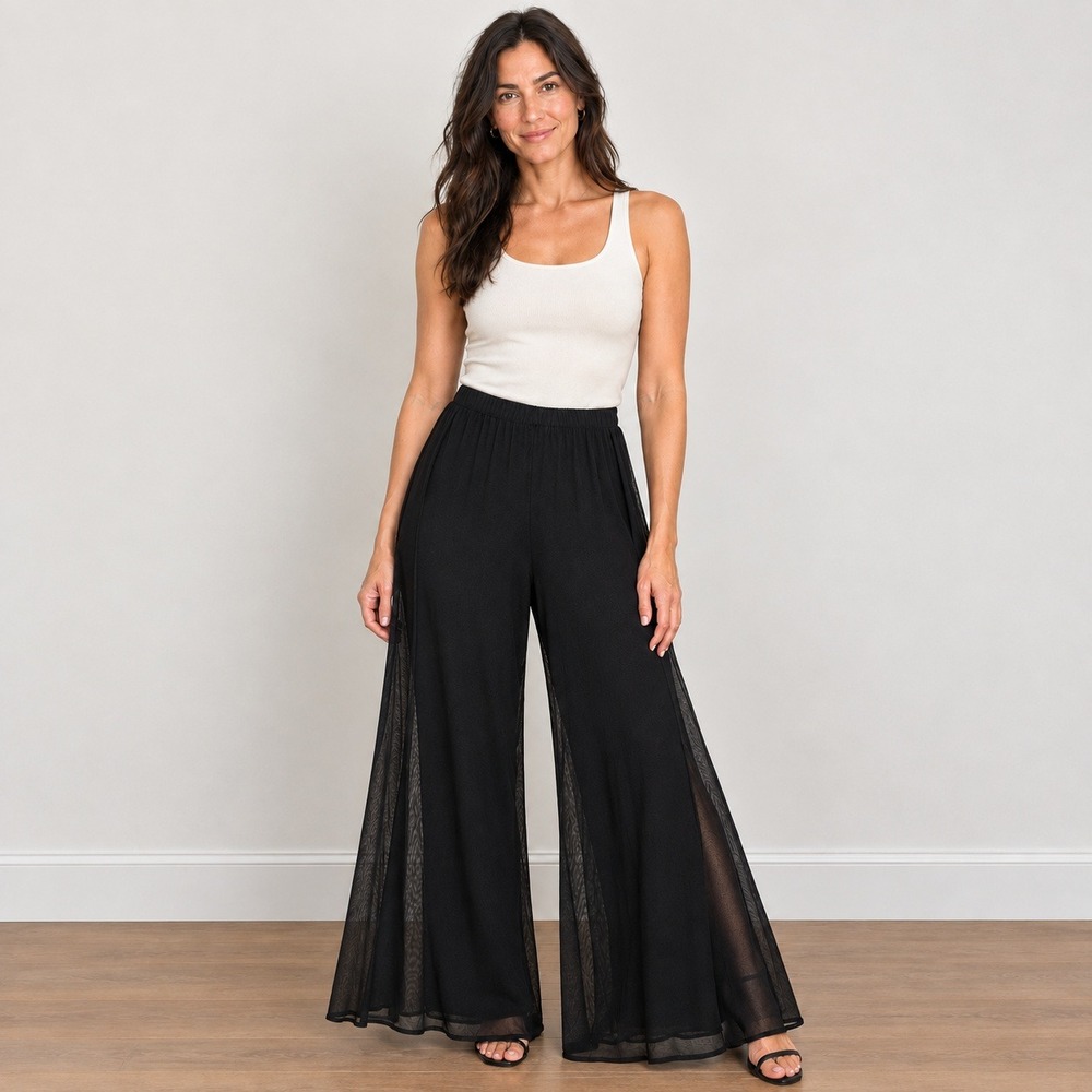 Dressbarn Collection Black Sheer Mesh Overlay Wide Leg Pants Petite Medium